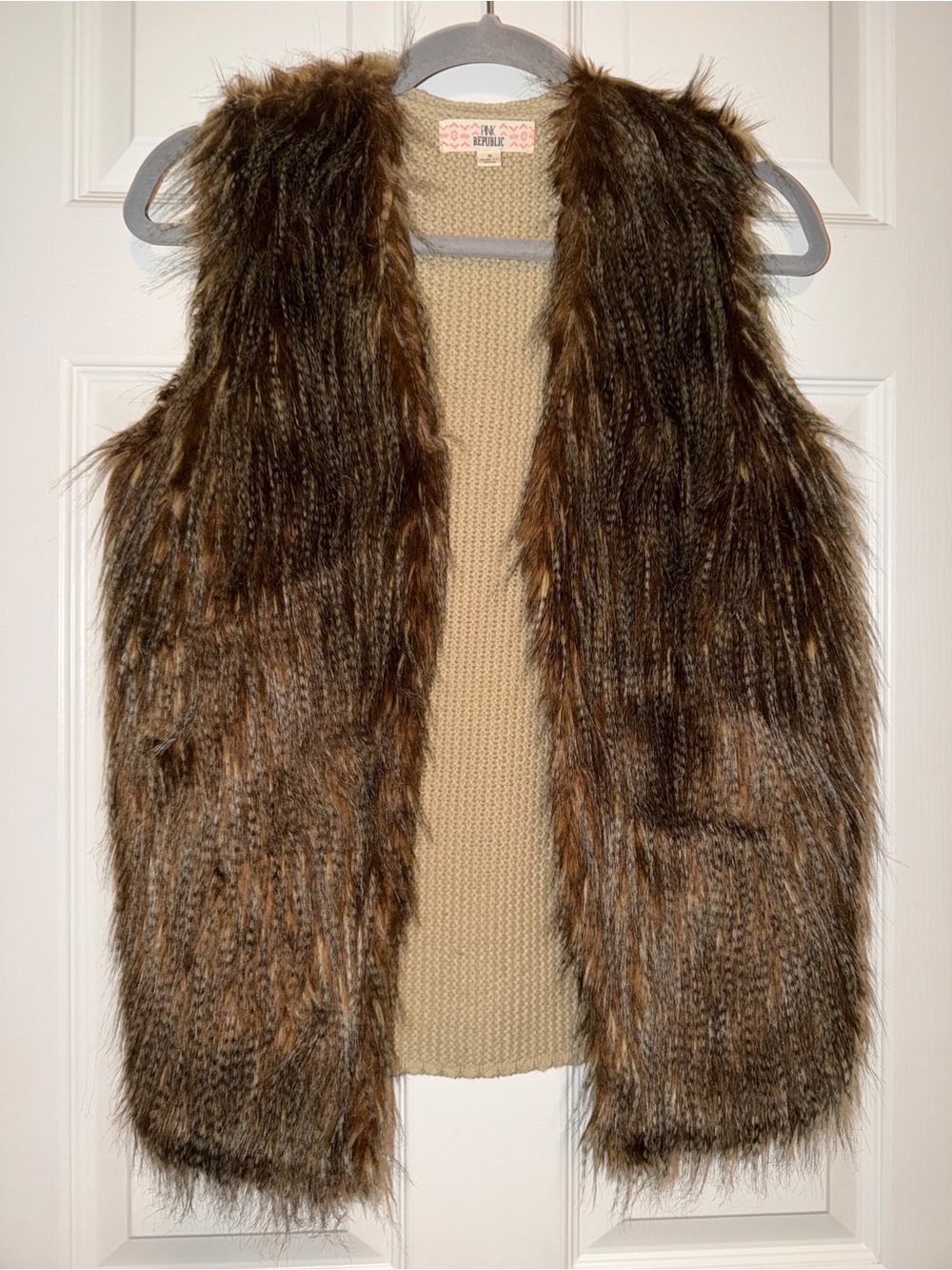 Pink Republic Brown Y2K Faux Fur Vest with Camel Knit Back